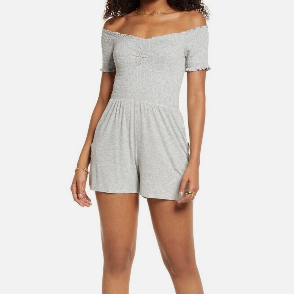 B.P Off the Shoulder Smocked Rib Romper